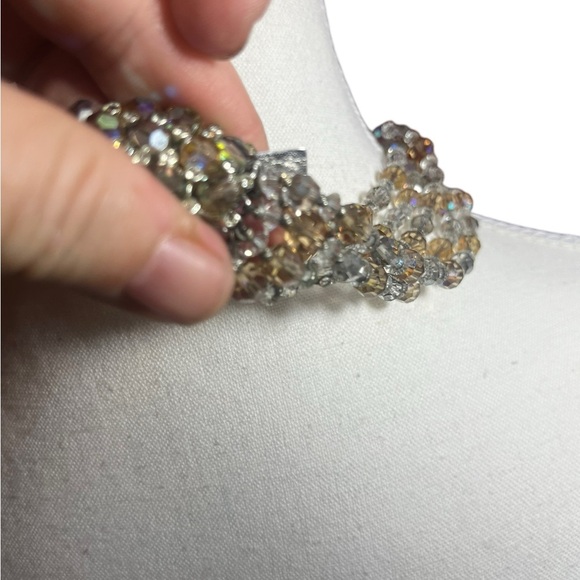 SET 1950s vtg signed Vendome crystal clear golden 5 strand necklace w clip ons - Picture 4 of 16